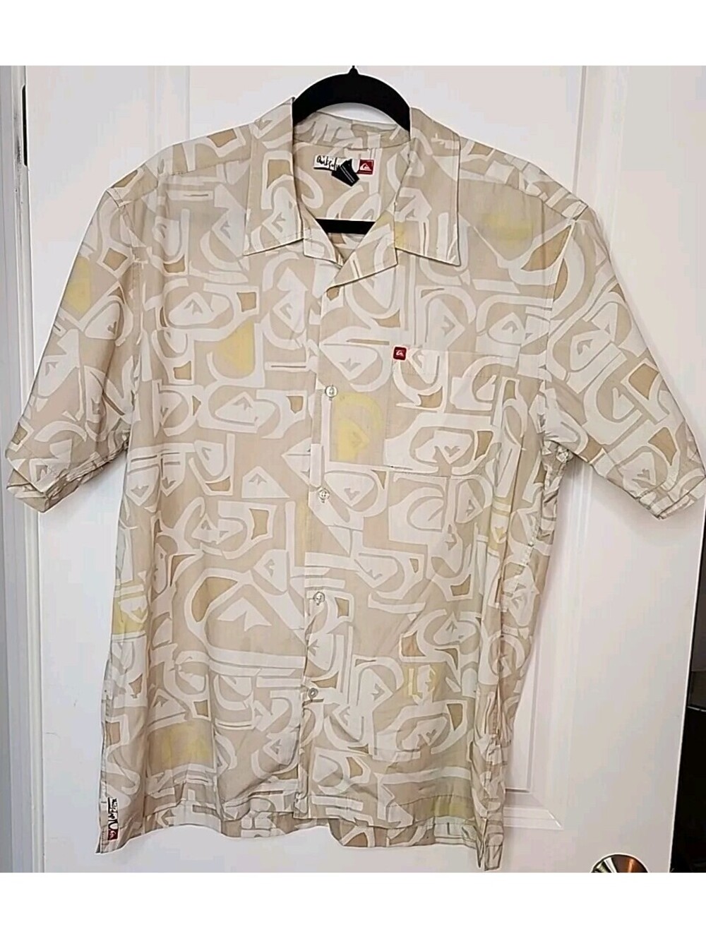 Quicksilver Hawaiian Shirt Men L Tan Geometric Button Up Sht Sleeve Thick MINT